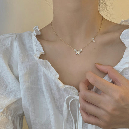 Korean-style S925 Silver Sweet Butterfly Necklace Women's Fashionable Elegant Micro-inlaid Zircon Clavicle Chain ins Artistic Sweater Chain