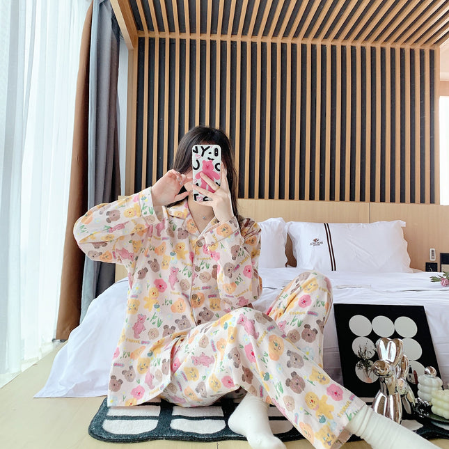 Cotton Sanding Luna Long-sleeved Lapel Postpartum Pregnancy Lactation Dual-purpose Pregnant Women's Pajamas for Spring and Autumn