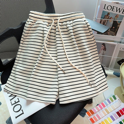 Real shot Pearl striped casual shorts women's summer striped New 2024 high waist wide leg pants student shorts 200kg