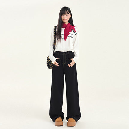 High Waist Pocket Design Loose Slim Wide Leg Pants Women's All-match Straight Tube Dipped 2025 New Spring Festival Jeans