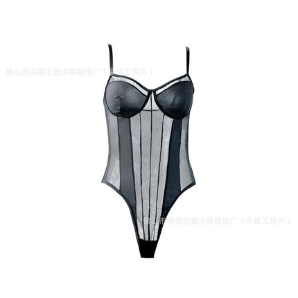 Cross-border suspender jumpsuit mesh thin inner jumpsuit European and American stretch slim-fit hot girl sexy design