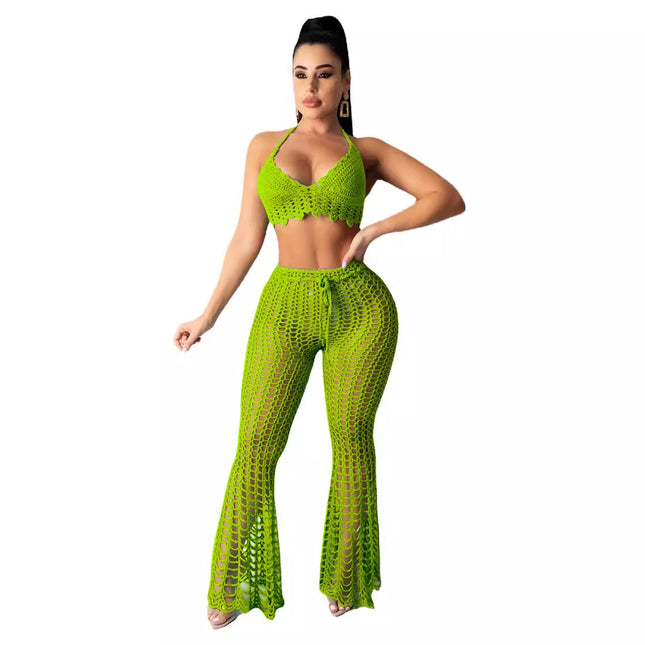 AJ4362 European and American Women's Wear Hollow Perspective Two-piece Set Beach Style Grid Pure Handmade Hook Sexy Fashion Suit