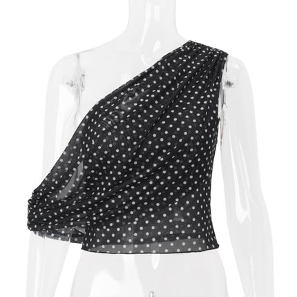 Ins European and American Cross-Border Hot-Selling Women's Clothing Polka-Dot Slant Collar Exposed Navel Asymmetrical Casual Sexy Niche Short Vest for Women
