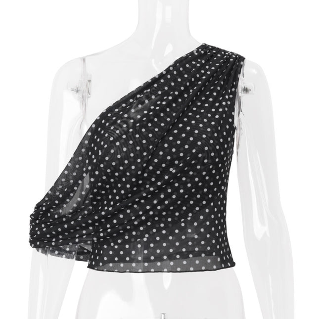 Ins European and American Cross-Border Hot-Selling Women's Clothing Polka-Dot Slant Collar Exposed Navel Asymmetrical Casual Sexy Niche Short Vest for Women