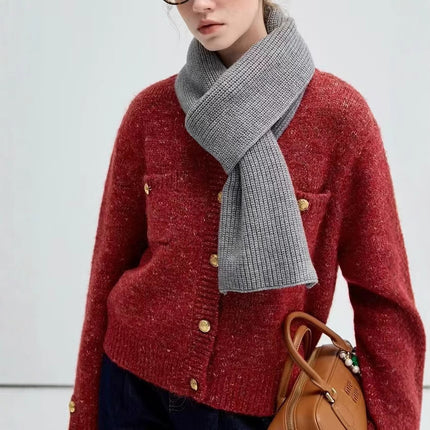 VEG CHAN Red Sweater Women's Autumn and Winter 2024 New Style Chanel Knitted Cardigan Jacket with Sheep Wool