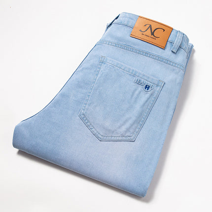 2025 Light Tencel Jeans Men's Straight Tube Loose Summer Thin Blue and White High-end light blue Casual Trousers