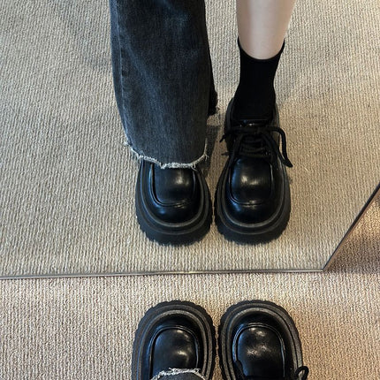 Thick-Soled Small Leather Shoes for Women 2025 Autumn and Winter New British Style New Products with Skirts Black Lace-Up Loafers Brown