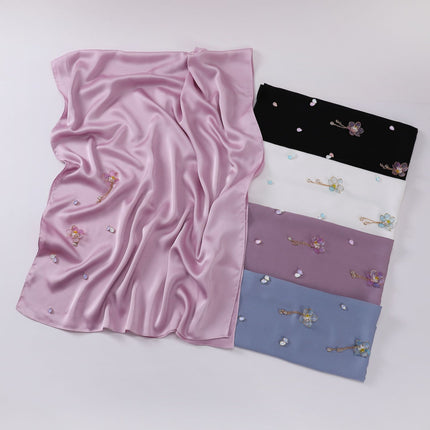 Cross-border New Chinoiserie Lotus Flower Satin Chiffon Long Scarf Handmade Flower Gauze Scarf Women's Bag Headscarf Drop Shipping