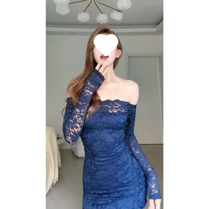 Korean Socialite One-Shoulder Lace Autumn and Winter Dress Women's New Autumn Slim Fit Slim Fit Hip Skirt
