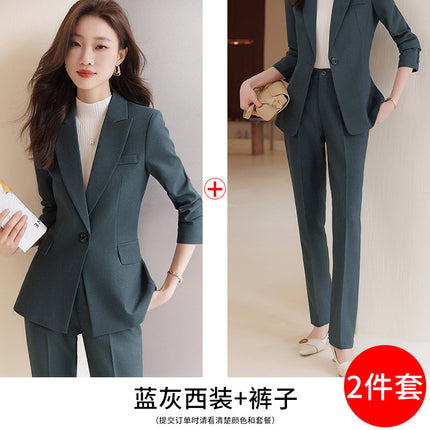 Elegant Goddess Style Professional Suit Set 2025 New Autumn and Winter Formal Workwear Blue-Gray Suit Two-Piece Set