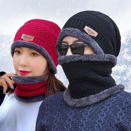 Winter Hat Two-Piece Set for Men and Women, Warm Knitted Woolen Hat with Fleece Lining, Cycling Cold-Proof Neck Warmer, Men's Cotton Hat Set