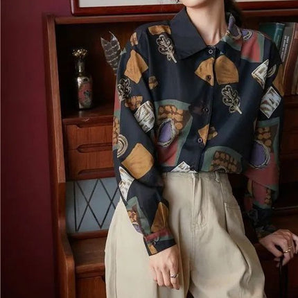 Personalized Printing ~ Retro Elegant Niche Hong Kong Style Long-Sleeved Shirt for Women Spring & Fall New Loose Casual Lapel Shirt