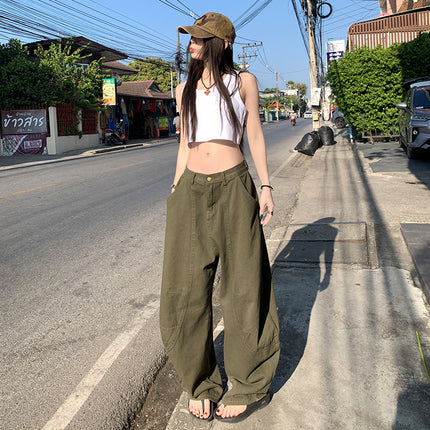 American Olive Green Scimitar Wide-Leg Jeans for Women 2025 Spring and Summer New High-Waisted Loose Slimming Look Straight Banana Pants
