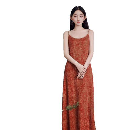 ycfs1621 New Chinese Style National Style Retro Orange Summer Elegant Simple Long Slip Skirt Cardigan Two-Piece Set