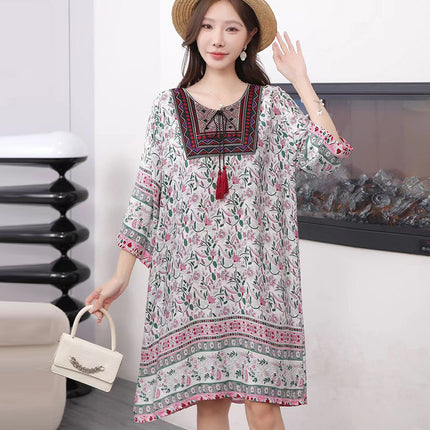 Extra Large Size Ethnic Style Round Neck Three-Quarter Sleeve Dress Loose Embroidered Flower Cotton Silk Travel Beach Skirt for Women