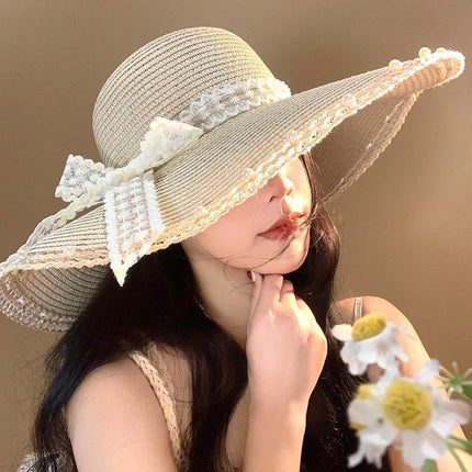 [Great Value] French Style Socialite Flat Top Hat 2025 New Summer Elegant Pearl String Sunshade Woven Straw Hat