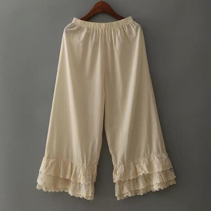 Japanese Women's Sweet and Fresh Wide-leg Pants Multi-layer Lace-trimmed Casual All-match Leggings Cotton and Linen Loose Ankle-length Pants