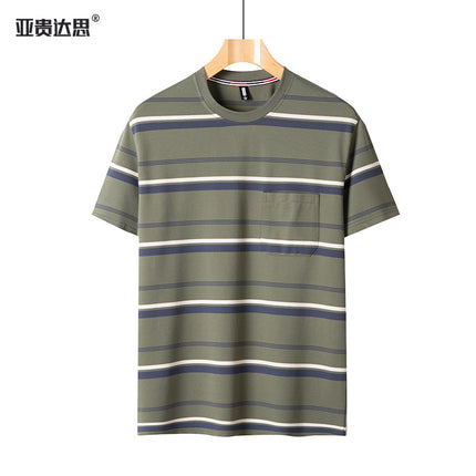 Dad summer striped short sleeve T-shirt new middle-aged men's round neck pocket loose middle-aged plus size top