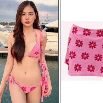 Thailand New Floral Towel Fabric Sexy Split Swimwear Women Ins Wind Beach Vacation Bikini Bikini