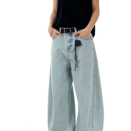 11Kn American Retro Ice Blue Scimitar Jeans for Men and Women, Distressed Washed Slimming Look Simple Wide-Leg Stacked Pants