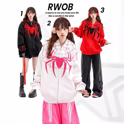 plus size National Fashion Embroidered Spider Hooded Sweater Jacket Men's and Women's Loose oversize Couple's Cardigan Top All-match