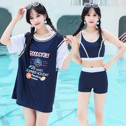 Swimsuit Women's Split Blouse Mid-Sleeve Sun Protection Sports Three-Piece Set Belly Covering Conservative Hot Spring Swimsuit for Girls and Students