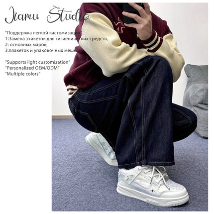 JIAMU Spring and Summer American Style High Street Baggy jeans Wide Leg Jeans Unisex Loose Slimming Unisex Scimitar Pants
