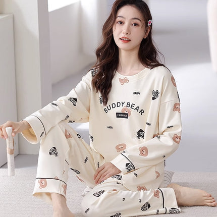 Factory wholesale live fashion spring and autumn cotton pajamas women's cute simple wind long sleeve trousers home clothes suit
