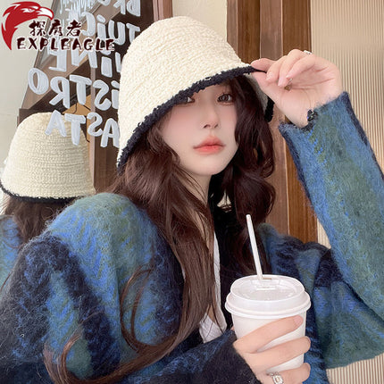 Color-Blocked Bucket Hat for Women, Trendy Knitted Hat, Spring and Autumn Korean Style, Versatile, Face-Slimming, Face-Covering Fisherman Hat