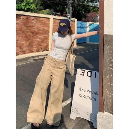Vintage Khaki Casual Straight-Leg Pants for Women 2025 Summer New Drape High-Waisted Slimming Floor-Length Wide-Leg Pants