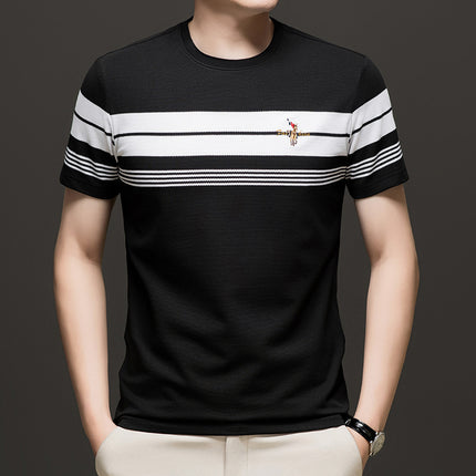 Mingdi Mouse Summer New Round Neck Striped Short-sleeved Young and Middle-aged Men's T-shirt Casual Embroidered Loose T-shirt Top