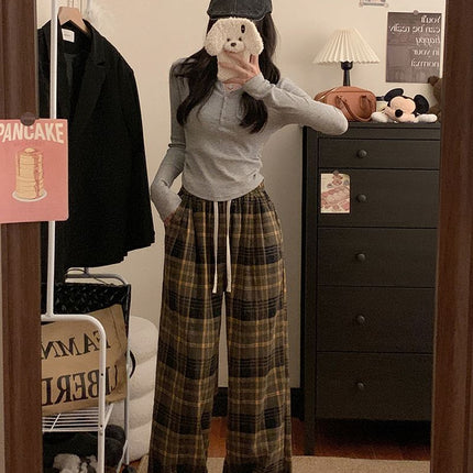 American Retro Plaid Loose Wide-Leg Pants 2025 New Slimming Korean High-Waisted Sports Straight Drape Floor-Length Pants