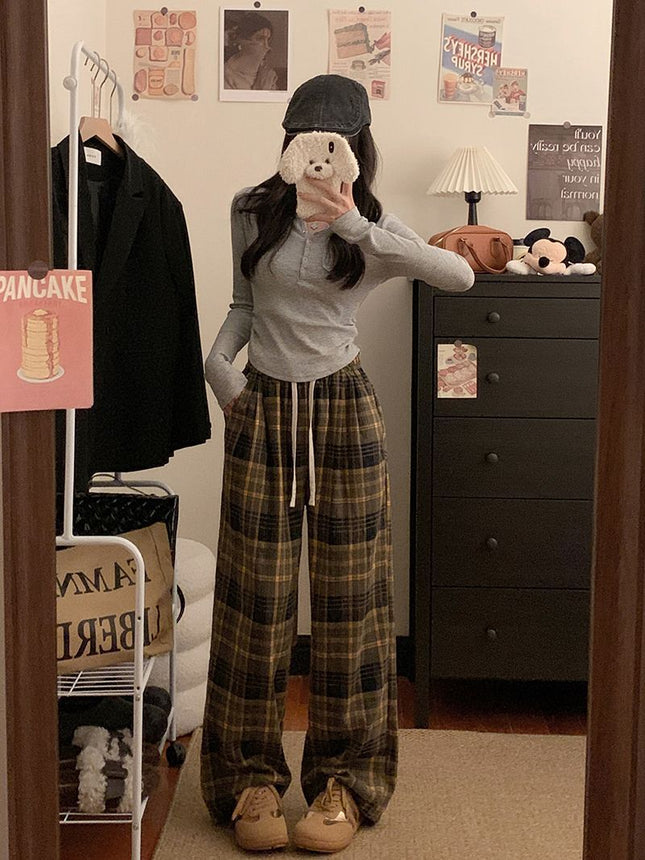 American Retro Plaid Loose Wide-Leg Pants 2025 New Slimming Korean High-Waisted Sports Straight Drape Floor-Length Pants
