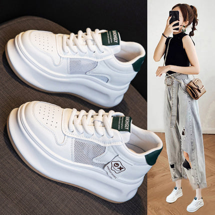 Genuine Leather White Shoes for Women 2026 Summer New Style with Internal Height Increase, Breathable Mesh Platform Shoes, Versatile Casual Sneakers