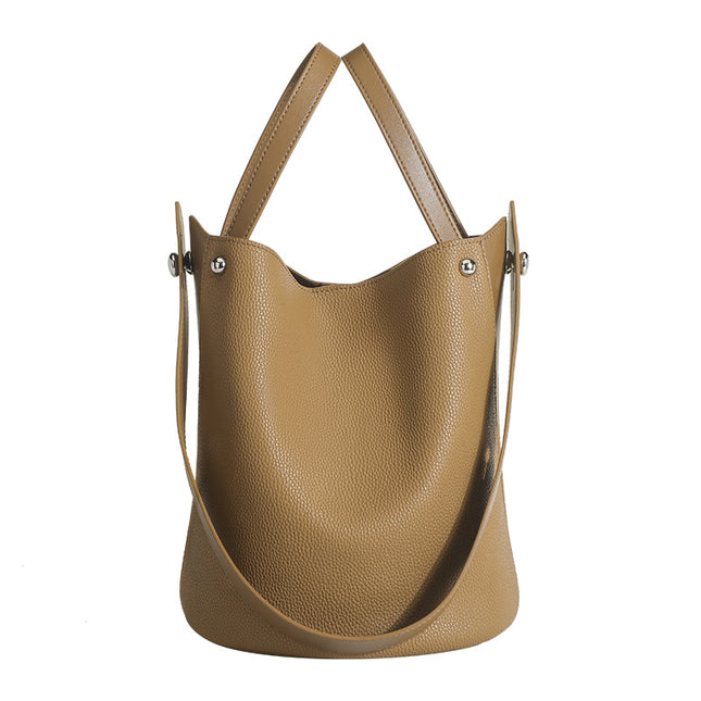 PU Large Capacity Tote Bucket Bag Light Brown / Grand Sac Tote Seau PU Marron Clair