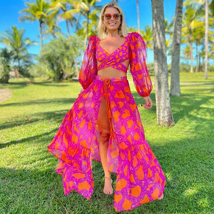 2024 European and American New Bikini V Neck Long-Sleeved Back Strap Printed High-Waisted Split Clothing Umbrella Skirt Suit 2562