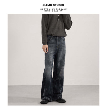 Jiamu American High Street Flame Pattern Baggy Jeans Jeans for Men and Women Loose Wide Legs Unisex Slightly Straight