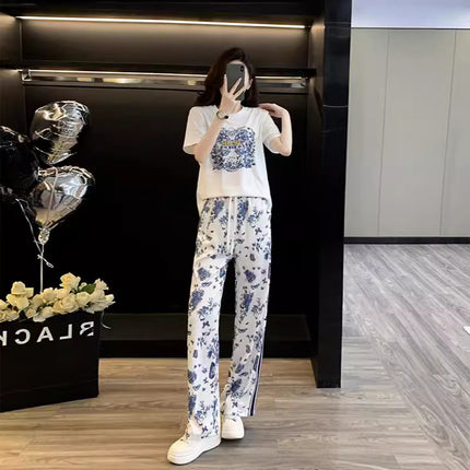 Fashionable Age-reducing Casual suit Women Blue and White Porcelain Printed Butterfly High-end Fashion Sports Casual suit Women