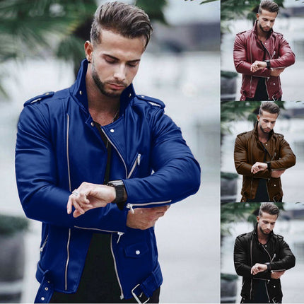 New Autumn and Winter European and American Men's Leather Jacket, Large Size, Fashionable Slim-Fit Leather Coat for Export on Wish and Aliexpress