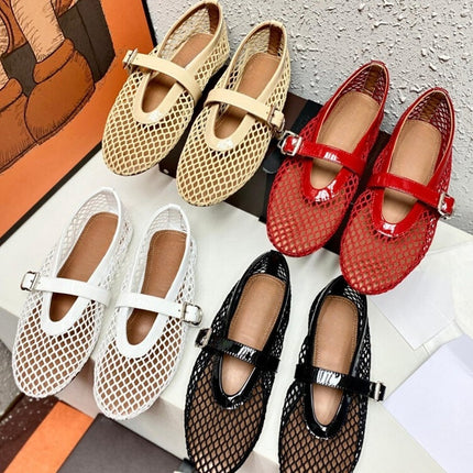 2024 New Fishnet Shoes Hollow Out Ballet Shoes Women's Flat Mesh Retro Mary Jane Shoes