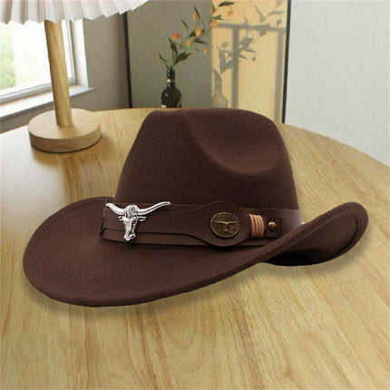 2026 New Style Western Cowboy Hat Ethnic Style Bull Logo Rolled Brim Vintage Riding Hat Large Brim Wool Felt Hat Trendy