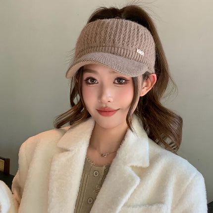 Winter Cycling Warm Windproof Rabbit Fur Digital Label Knit Visor Cap for Women Autumn Face-Slimming