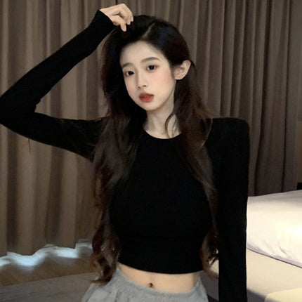 Trendy Spicy Girl Backless Long-Sleeve T-Shirt with Hollow Design for Women, Autumn Inner Wear Crop Top
