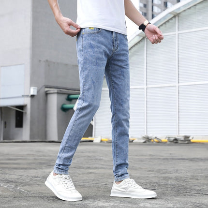 2025 Summer Light Blue Ripped Jeans Men's Slim Fit Korean Style Versatile Scratched Stretch Long Pants