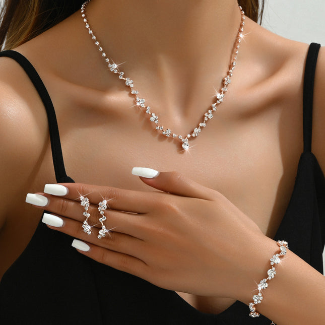Wedding Fashion Hot Selling Jewelry suit European and American Temperament Gold and Silver Diamond Necklace Bracelet Earrings suit