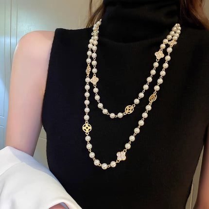 Korean Four-Leaf Clover Pearl Necklace Long Accessible Luxury High-End Sweater Chain Versatile Simple Autumn and Winter Necklace Accessories