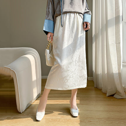 Skirt 2025 Summer New Women's Clothing Dark Flower High Waist Elegant Mid-length Skirt Slimming Satin Skirt