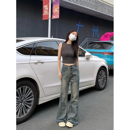 American-style Retro Micro-lar Jeans Women's Trendy All-match New High Waist Thin-looking Loose No-leg Flared Pants
