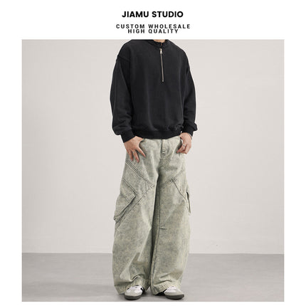Jiamu Multi-Pocket Pleated American Baggy Silhouette Scimitar Casual Pants for Men and Women Loose Wide-Leg Unisex Cargo Pants