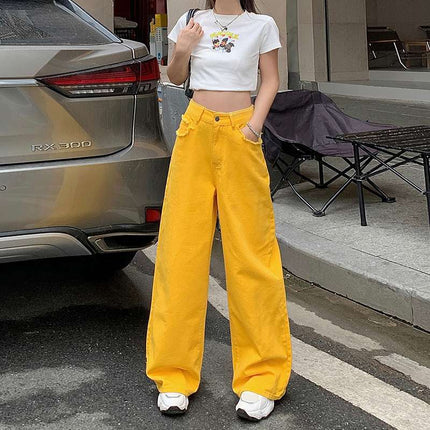 Wholesale Dropshipping Trendy Spring Lemon Yellow Casual Women's Straight Loose Wide-Leg Floor-Length Lazy Style Jeans